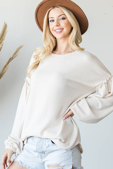 Brushed Solid Ruffled Long Sleeve Curved Hem Top, Ivory