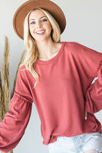 Load image into Gallery viewer, Brushed Solid Ruffled Long Sleeve Curved Hem Top Marsala
