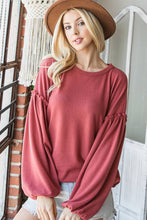 Load image into Gallery viewer, Brushed Solid Ruffled Long Sleeve Curved Hem Top Marsala
