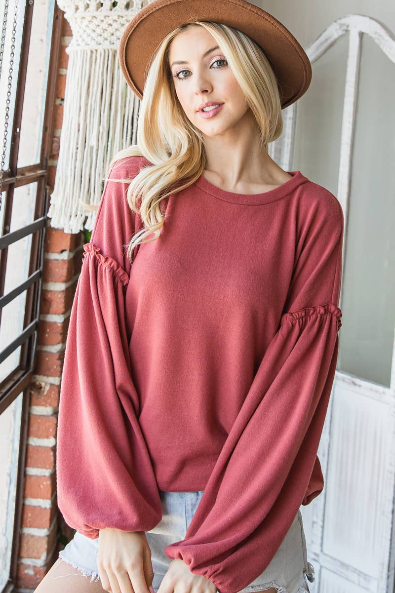 Brushed Solid Ruffled Long Sleeve Curved Hem Top Marsala